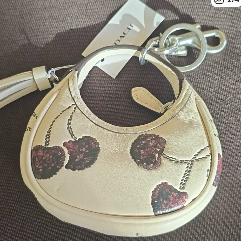 Coach CDB52 Mini  Carmen Bag Charm with Cherry Print Silver Chalk Multi Leather - Picture 2 of 4